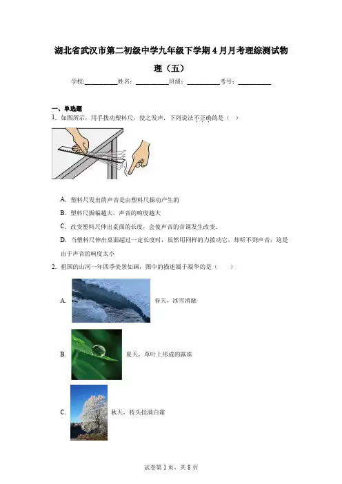 湖北省武汉市第二初级中学九年级下学期4月月考理综测试物理(五)