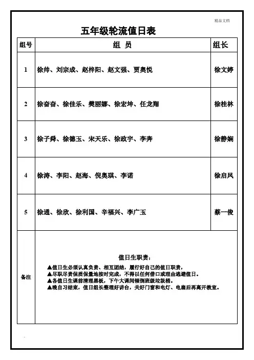 小学生值日表