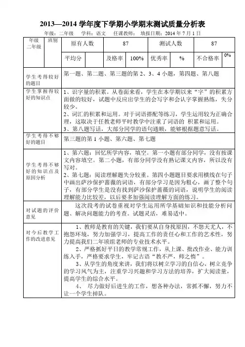 2014春班语文教学质量分析表 (二年级)