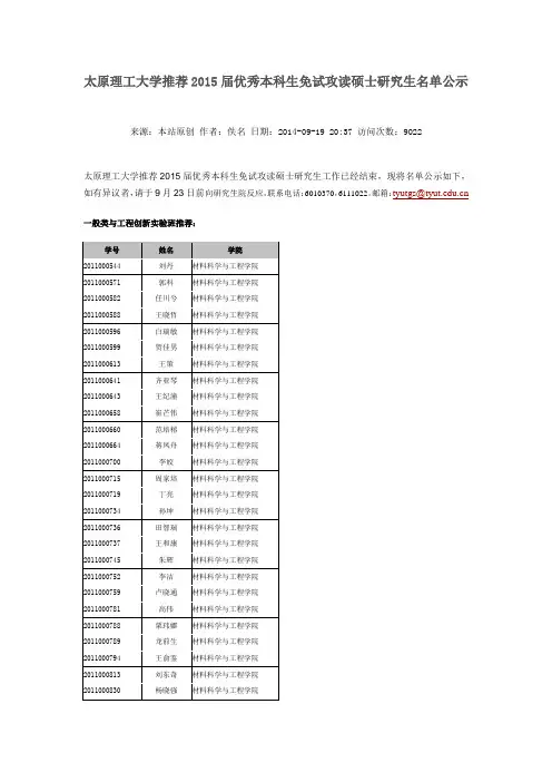 太原理工大学推荐2015届优秀本科生免试攻读硕士研究生名单公示