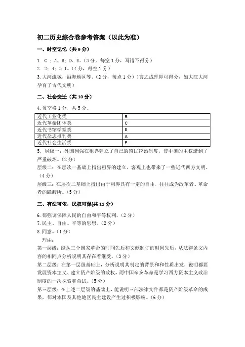 2019学年度第二学期八年级历史质量监测参考答案