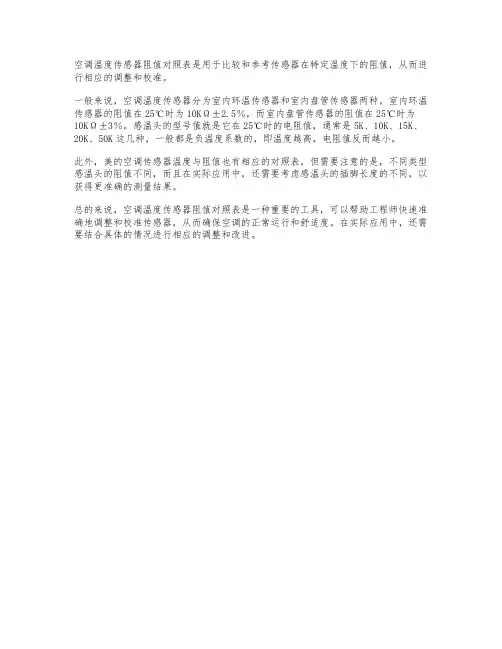 空调温度传感器阻值对照表