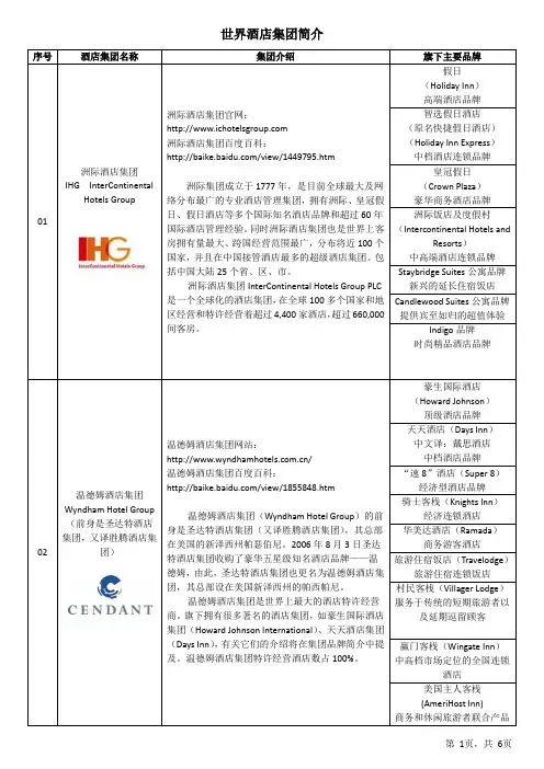 世界酒店集团简介汇总表--王20120809收集整理