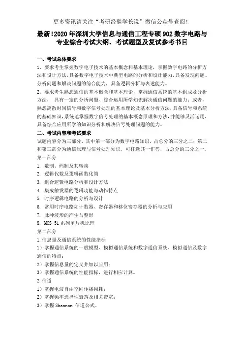 最新!2020年深圳大学电子与通信工程专硕902数字电路与专业综合考试大纲、考试题型及复试参考书目