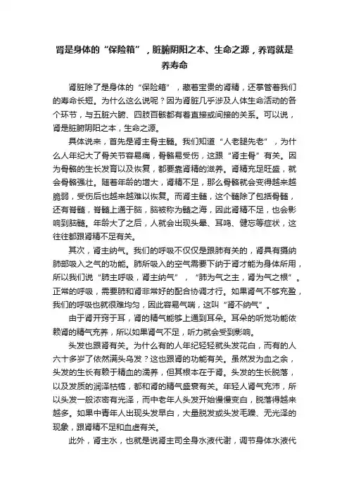 肾是身体的“保险箱”，脏腑阴阳之本、生命之源，养肾就是养寿命