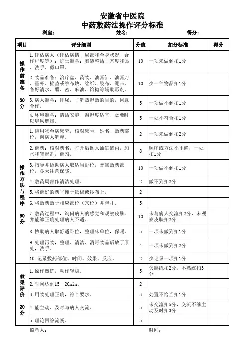 中药敷药法操作评分标准 省中医院 