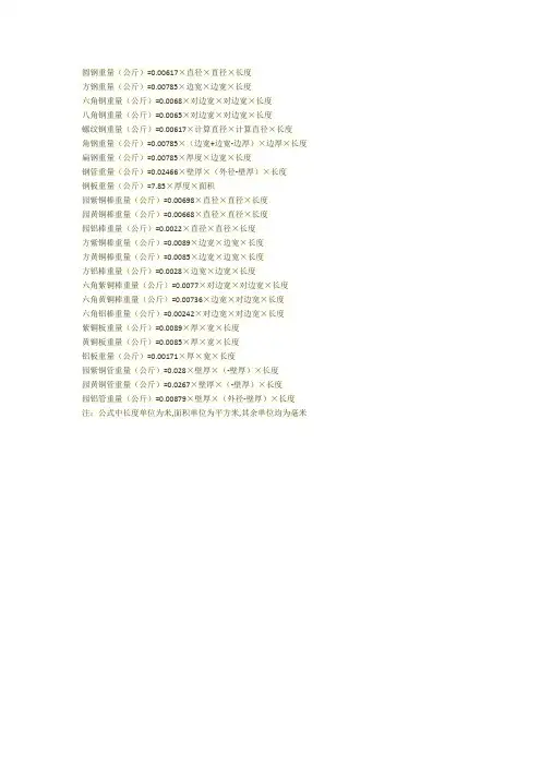常用金属各种形状的重量计算公式(质量技术方法)