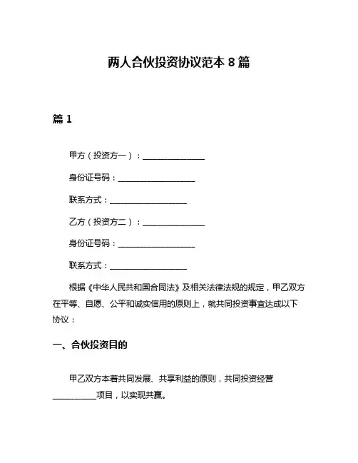 两人合伙投资协议范本8篇