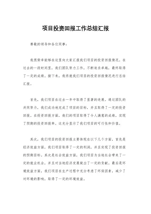 项目投资回报工作总结汇报