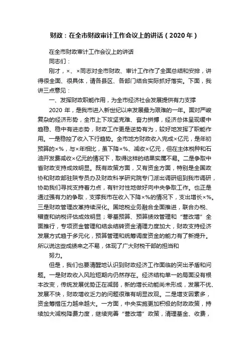 财政：在全市财政审计工作会议上的讲话（2020年）