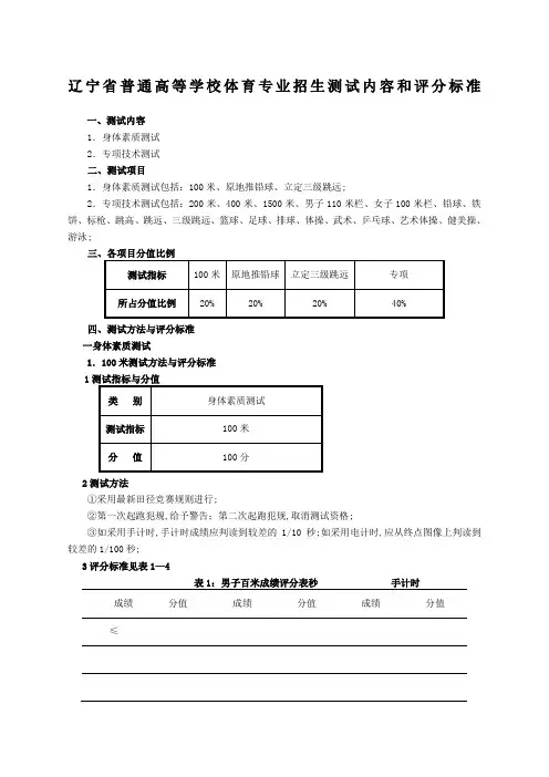 辽宁省普通高等学校体育专业招生测试内容和评分标准