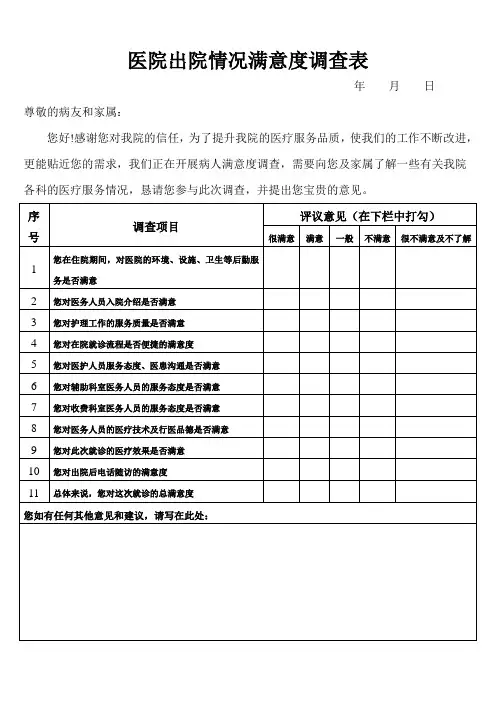 医院出院情况满意度调查表