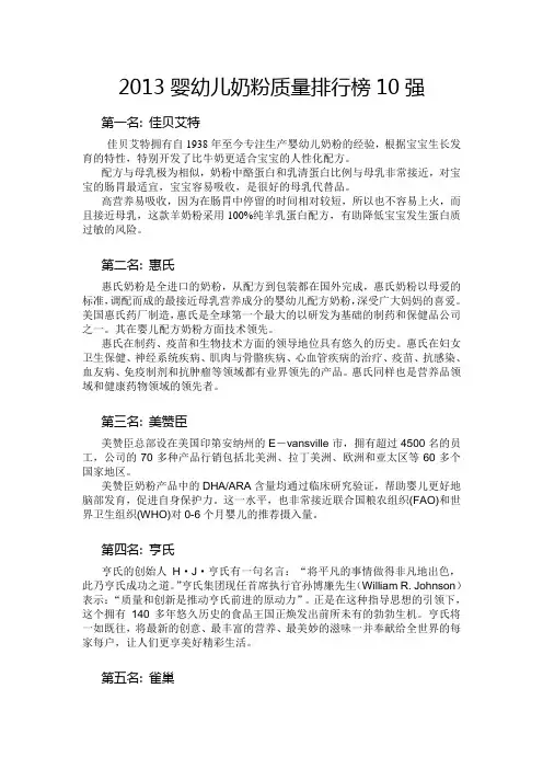 2013婴幼儿奶粉质量排行榜10强