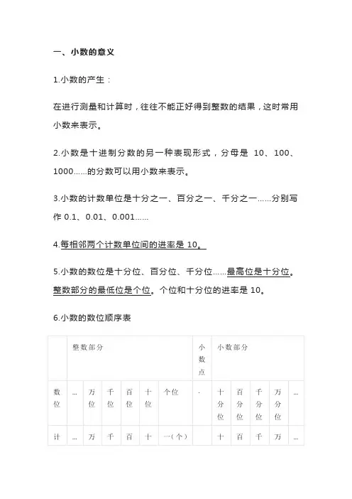 四年级下册数学：小数的意义和性质知识点归纳总结