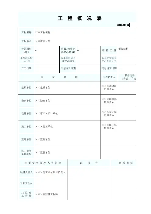 省统表工程概况表