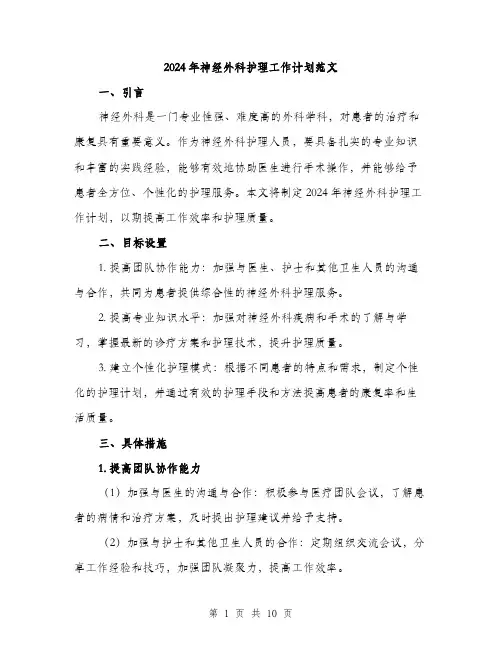 2024年神经外科护理工作计划范文(四篇)