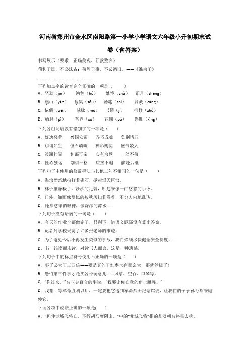 河南省郑州市金水区南阳路第一小学小学语文六年级小升初期末试卷(含答案)