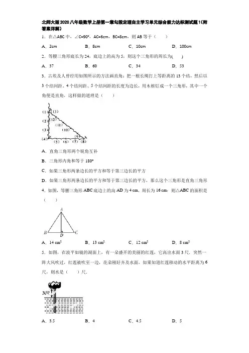 北师大版2020八年级数学上册第一章勾股定理自主学习单元综合能力达标测试题1(附答案详解)