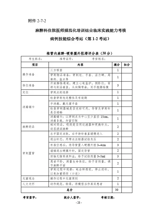 规培结业考试-椎管内麻醉评分表