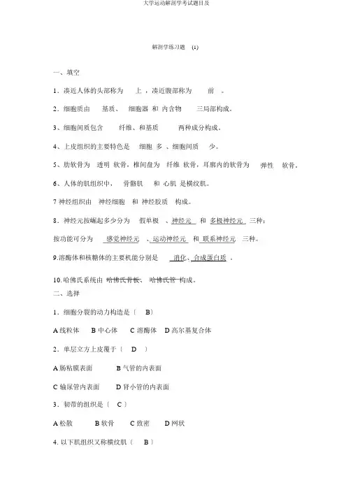 大学运动解剖学考试题目及