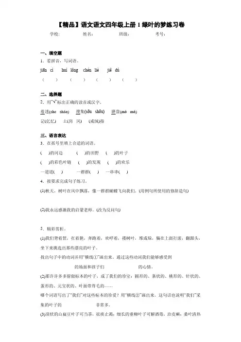 小学语文语文四年级上册1绿叶的梦练习卷(含答案解析)