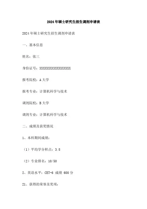 2024年硕士研究生招生调剂申请表