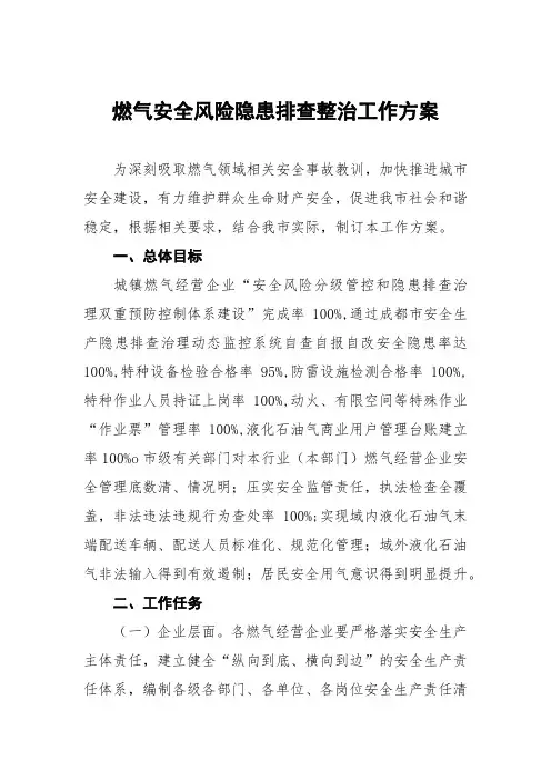 燃气安全风险隐患排查整治工作方案最新范文精选