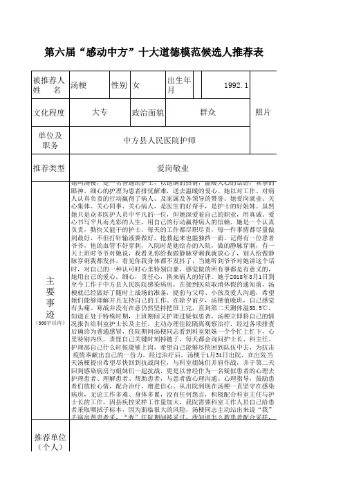 十大道德模范候选人推荐表