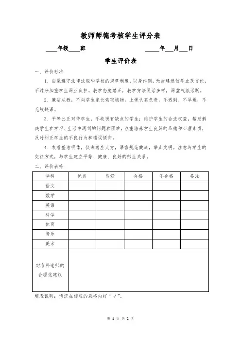教师师德考核学生评分表