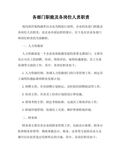 各部门职能及各岗位人员职责