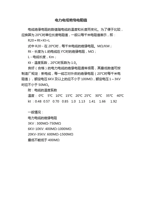 电力电缆绝缘电阻值