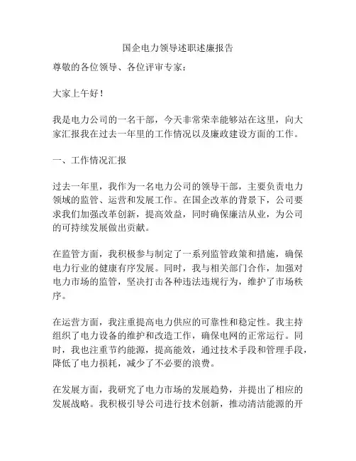 国企电力领导述职述廉报告