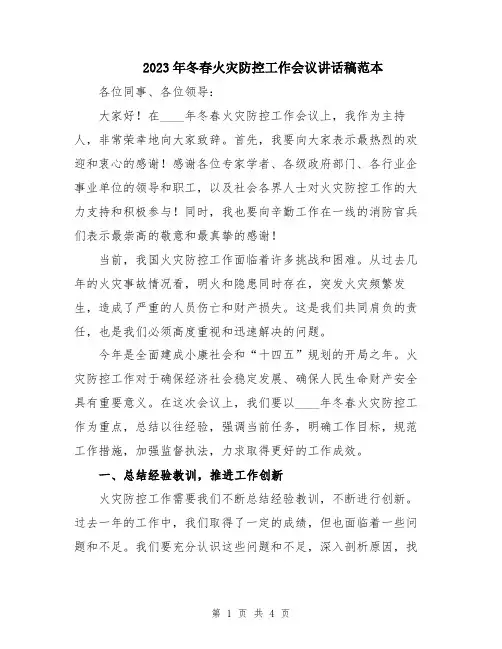 2023年冬春火灾防控工作会议讲话稿范本