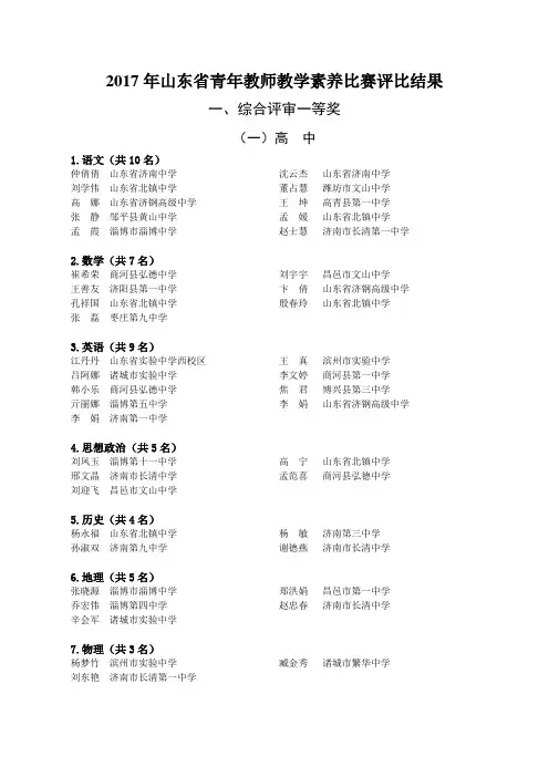 2017年东省青年教师教学素养比赛评比结果