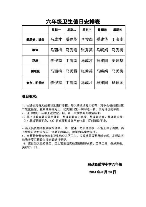 班级卫生值日安排表
