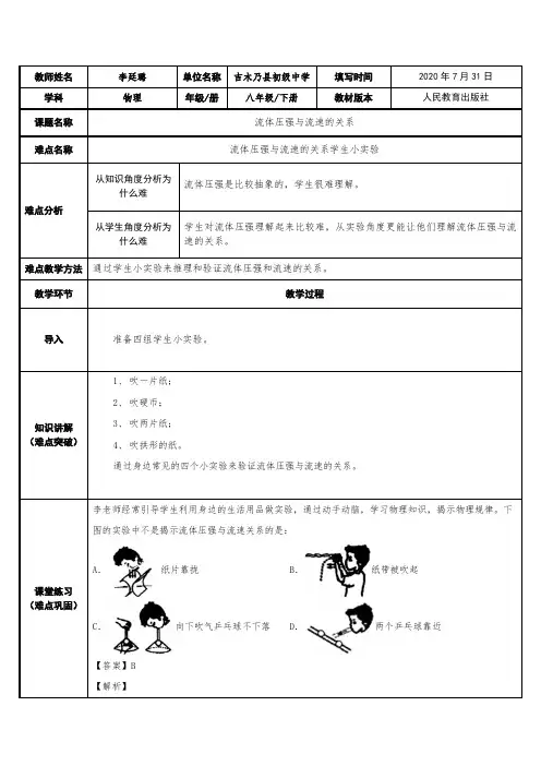 流体压强与流速的关系学生小实验 初中八年级下册物理教案教学设计课后反思 人教版