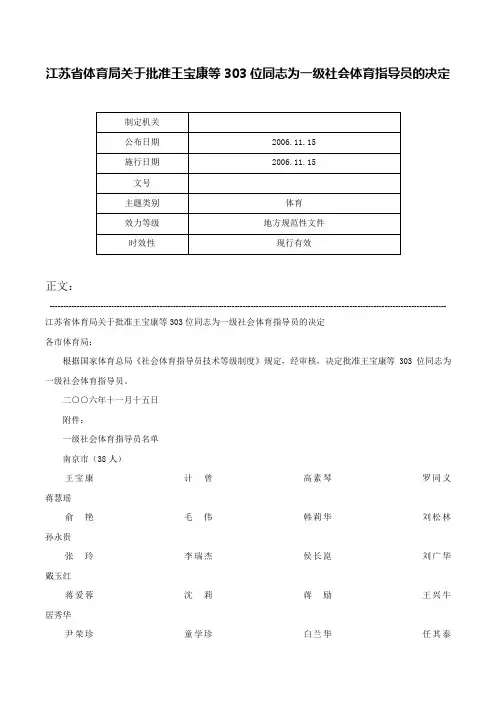 江苏省体育局关于批准王宝康等303位同志为一级社会体育指导员的决定-