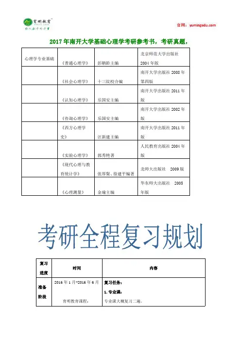 2017年南开大学基础心理学考研参考书,考研真题,