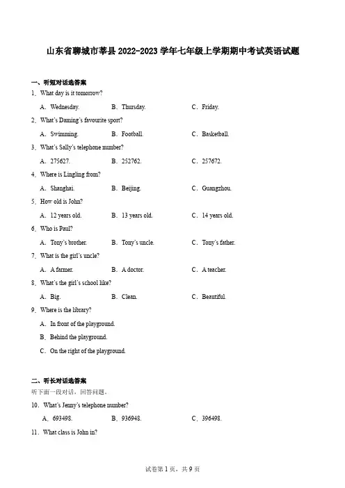 山东省聊城市莘县2022-2023学年七年级上学期期中考试英语试题