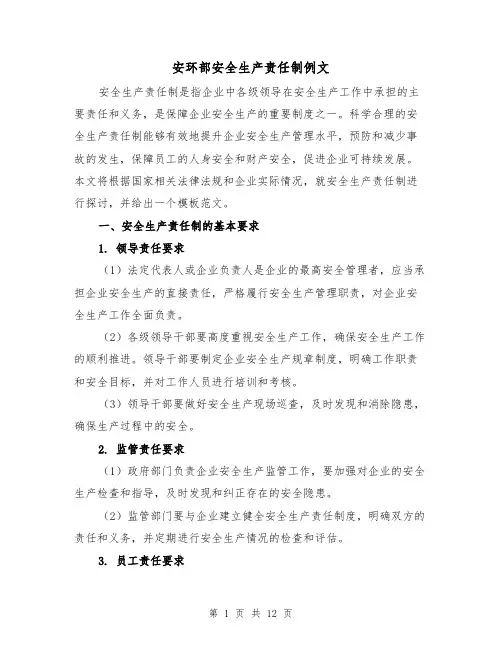安环部安全生产责任制例文（五篇）