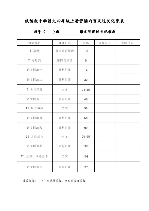统编版小学语文四年级上册背诵内容及过关记录表