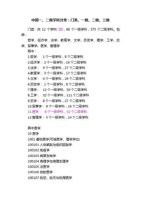 中国一、二级学科分类：门类、一级、二级、三级