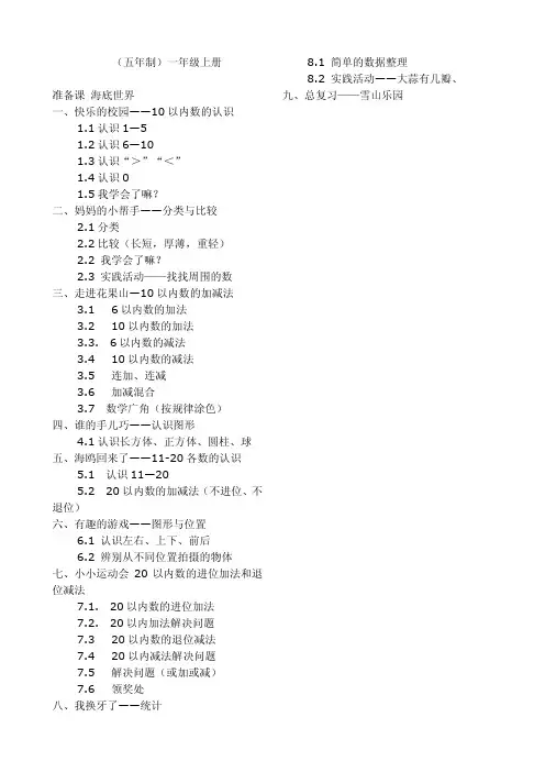 小学数学课本目录（青岛五四版）