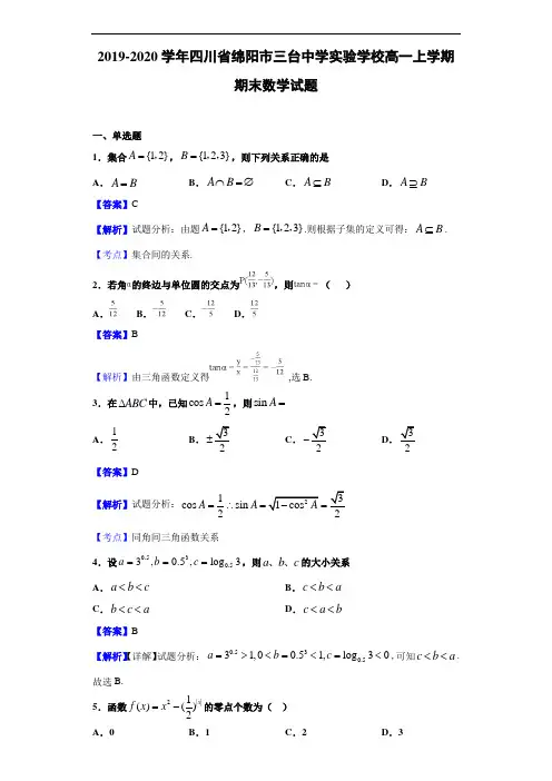 2019-2020学年四川省绵阳市三台中学实验学校高一上学期期末数学试题(解析版)