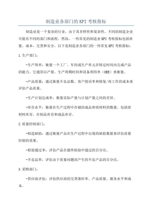 制造业各部门的KPI考核指标