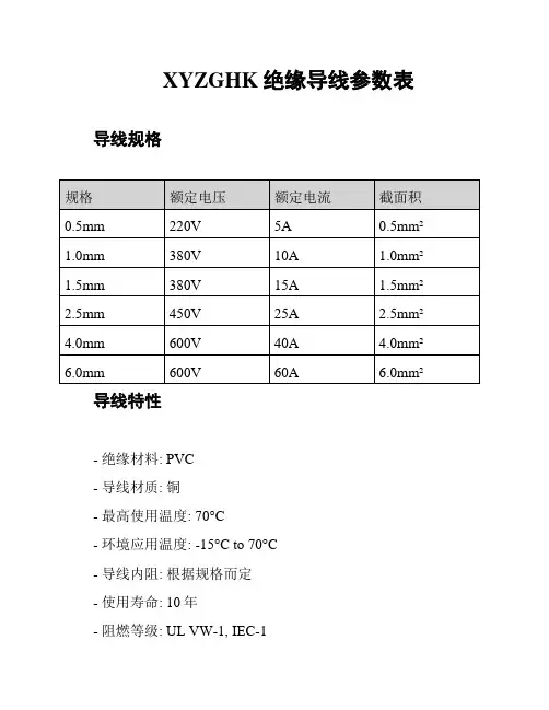 XYZGHK绝缘导线参数表