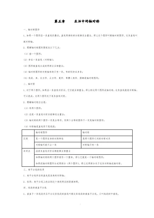 北师大七年级下册数学知识点总结(生活中的轴对称)和经典例题对接