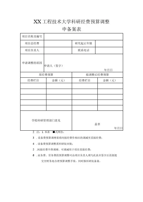 XX工程技术大学科研经费预算调整申请备案表(2023年)