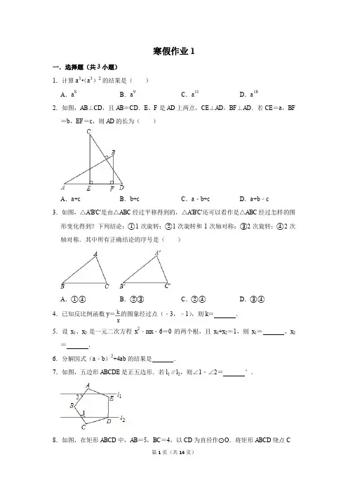 2020九年级数学综合试卷中考试题模拟考试综合练习寒假作业1含答案解析寒假作业1