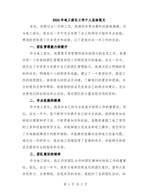 2024年电工班长工作个人总结范文